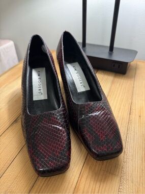 Kim Rogers Burgundy and Black Snake-Print Square Toe Pumps